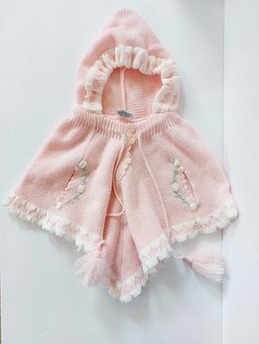 80s Pink Knit Cape/Poncho Petit Ami Infant Rosettes Cottagecore Fairycore
